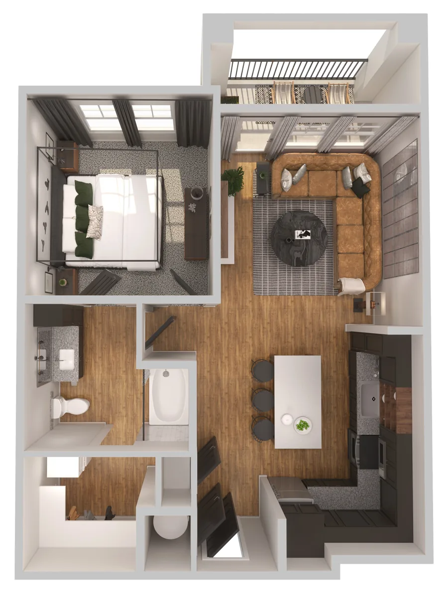 A1 one bedroom apartment floor plan at The Fitzroy Grove, 747 square feet