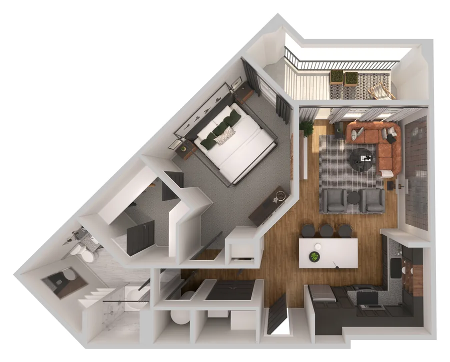 A2 one bedroom apartment floor plan at The Fitzroy Grove, 829 square feet